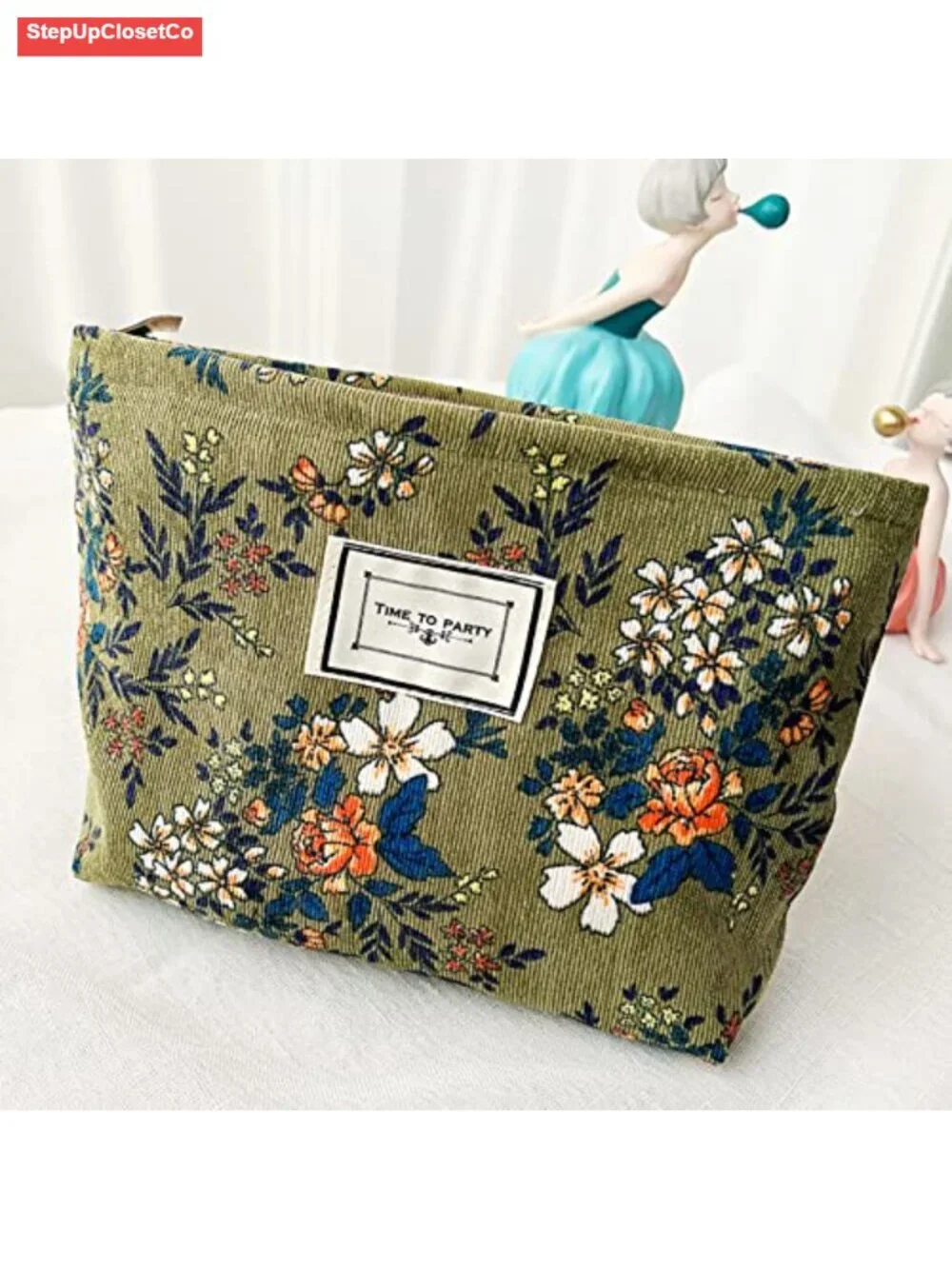 Vintage Corduroy Flower Cosmetic Bag, Portable Travel Makeup Pouch Purse